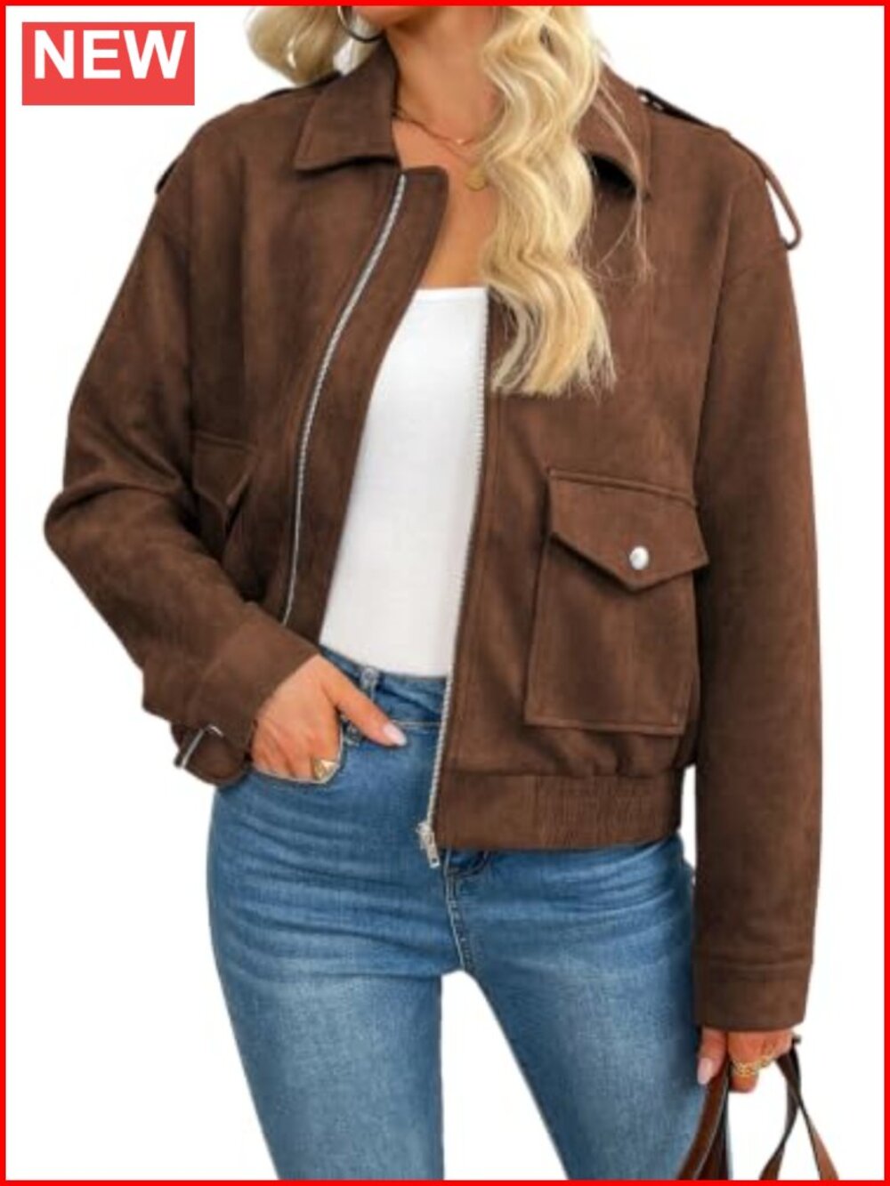 Faux Suede Zip Up Jacket Long Sleeve Relaxed Fit Casual Outerwear